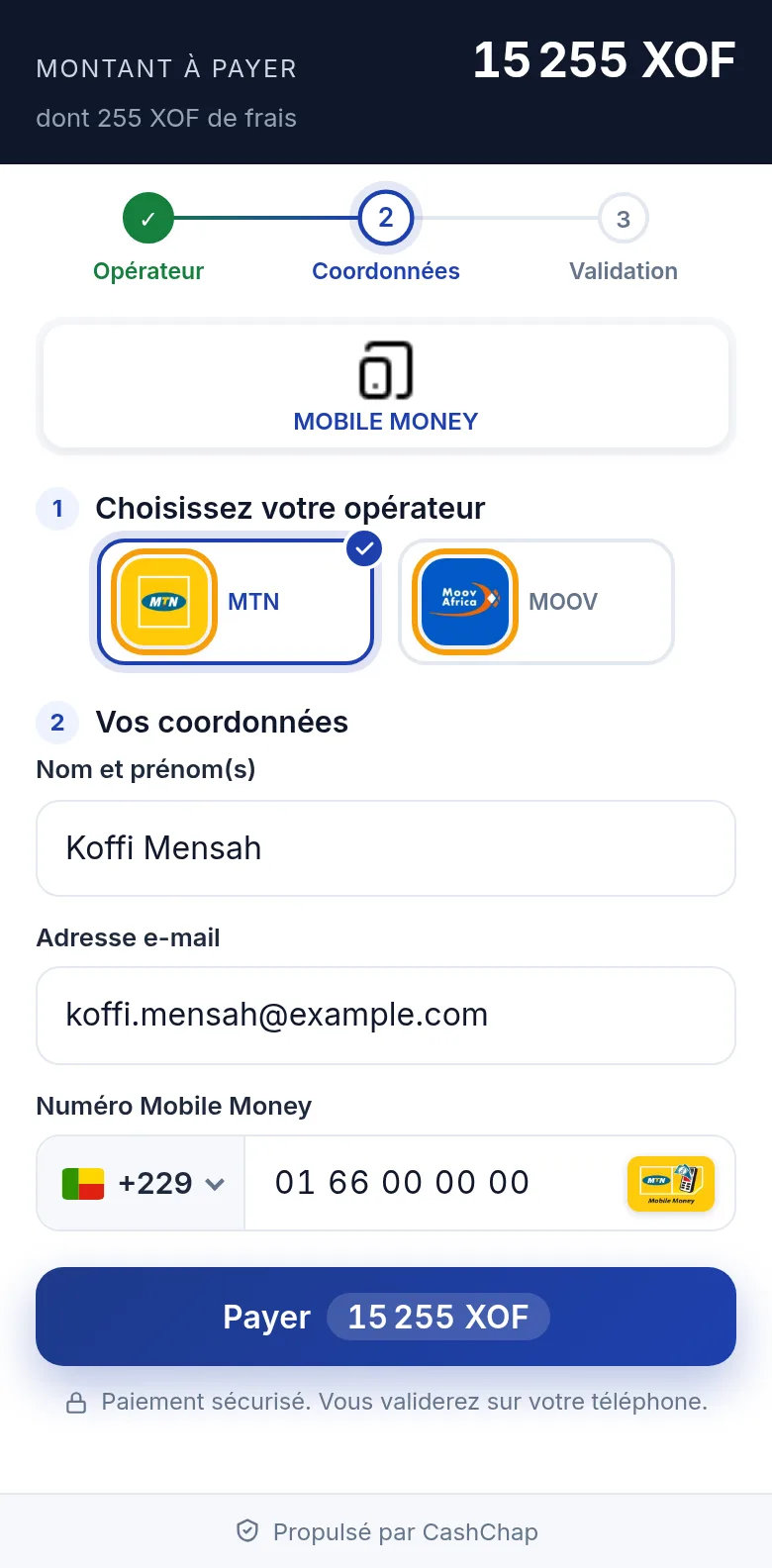 Étape 2 sur téléphone : montant à payer 15 255 XOF dont 255 XOF de frais, étape Opérateur cochée, opérateur MTN choisi, nom Koffi Mensah, e-mail koffi.mensah@example.com, numéro 01 66 00 00 00 tapé à côté de l'indicatif +229 et reconnu MTN (logo MTN Mobile Money dans le champ), bouton Payer 15 255 XOF.