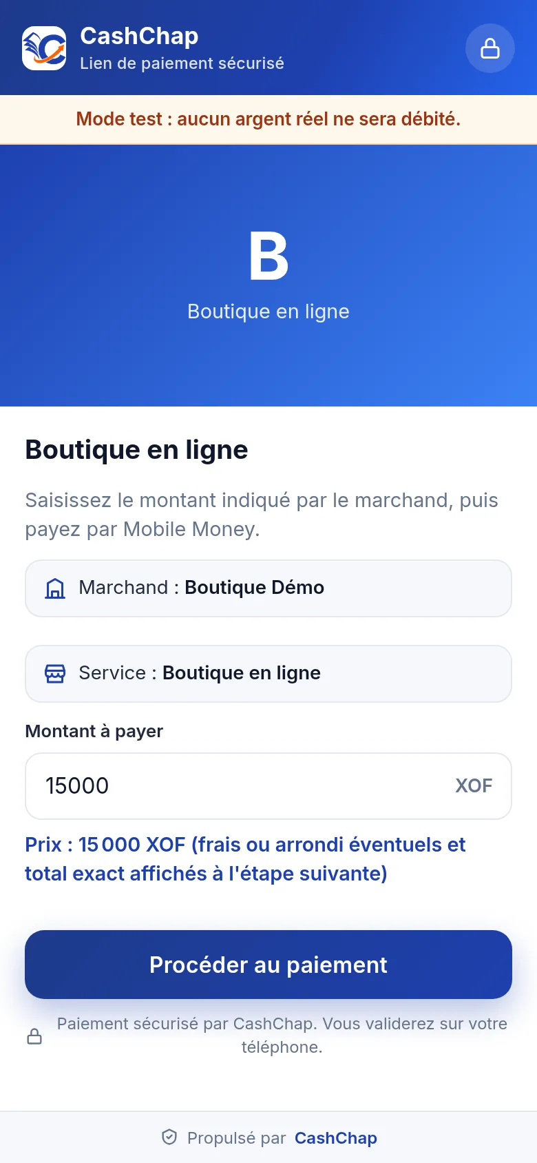 Page ouverte par le QR code de la boutique sur téléphone, en mode test : en-tête CashChap Lien de paiement sécurisé, bandeau « Mode test : aucun argent réel ne sera débité. », initiale B et nom du service Boutique en ligne, titre Boutique en ligne, consigne « Saisissez le montant indiqué par le marchand, puis payez par Mobile Money. », Marchand : Boutique Démo, Service : Boutique en ligne, champ Montant à payer rempli avec 15000 XOF, aperçu « Prix : 15 000 XOF (frais ou arrondi éventuels et total exact affichés à l'étape suivante) », bouton Procéder au paiement.