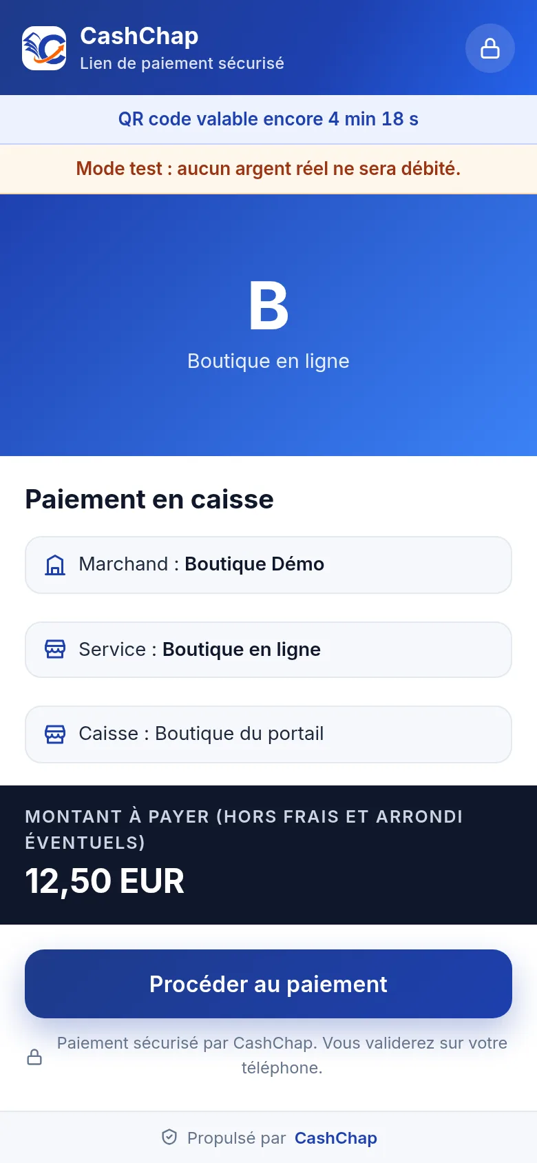 Page Paiement en caisse sur le téléphone du client, en mode test, service réglé en euros : bandeau « QR code valable encore 4 min 18 s », bandeau Mode test, initiale B et service Boutique en ligne, titre Paiement en caisse, Marchand : Boutique Démo, Service : Boutique en ligne, Caisse : Boutique du portail, bandeau sombre Montant à payer (hors frais et arrondi éventuels) 12,50 EUR, bouton Procéder au paiement.