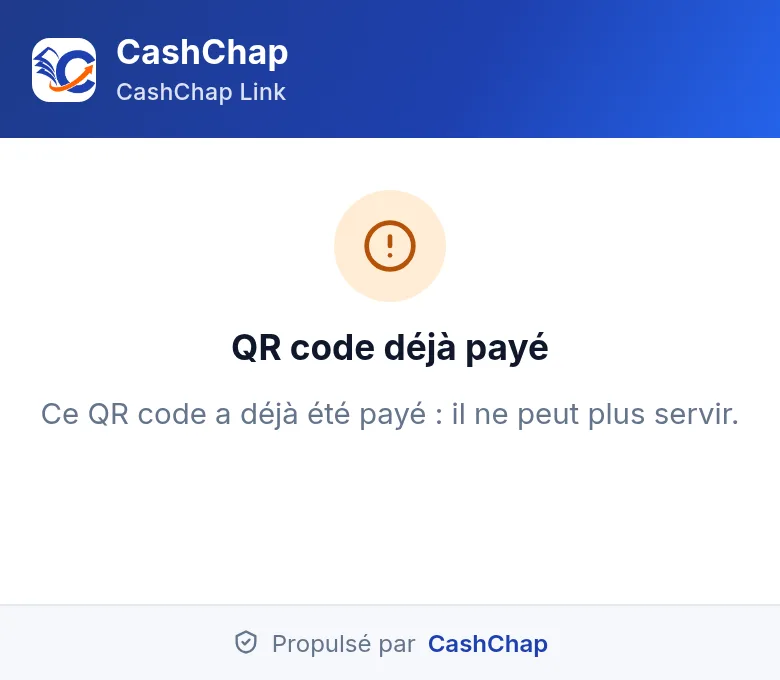 Page d'un QR code de caisse déjà payé sur téléphone : en-tête CashChap, CashChap Link, pictogramme d'avertissement orange, titre QR code déjà payé, message « Ce QR code a déjà été payé : il ne peut plus servir. » et pied Propulsé par CashChap.