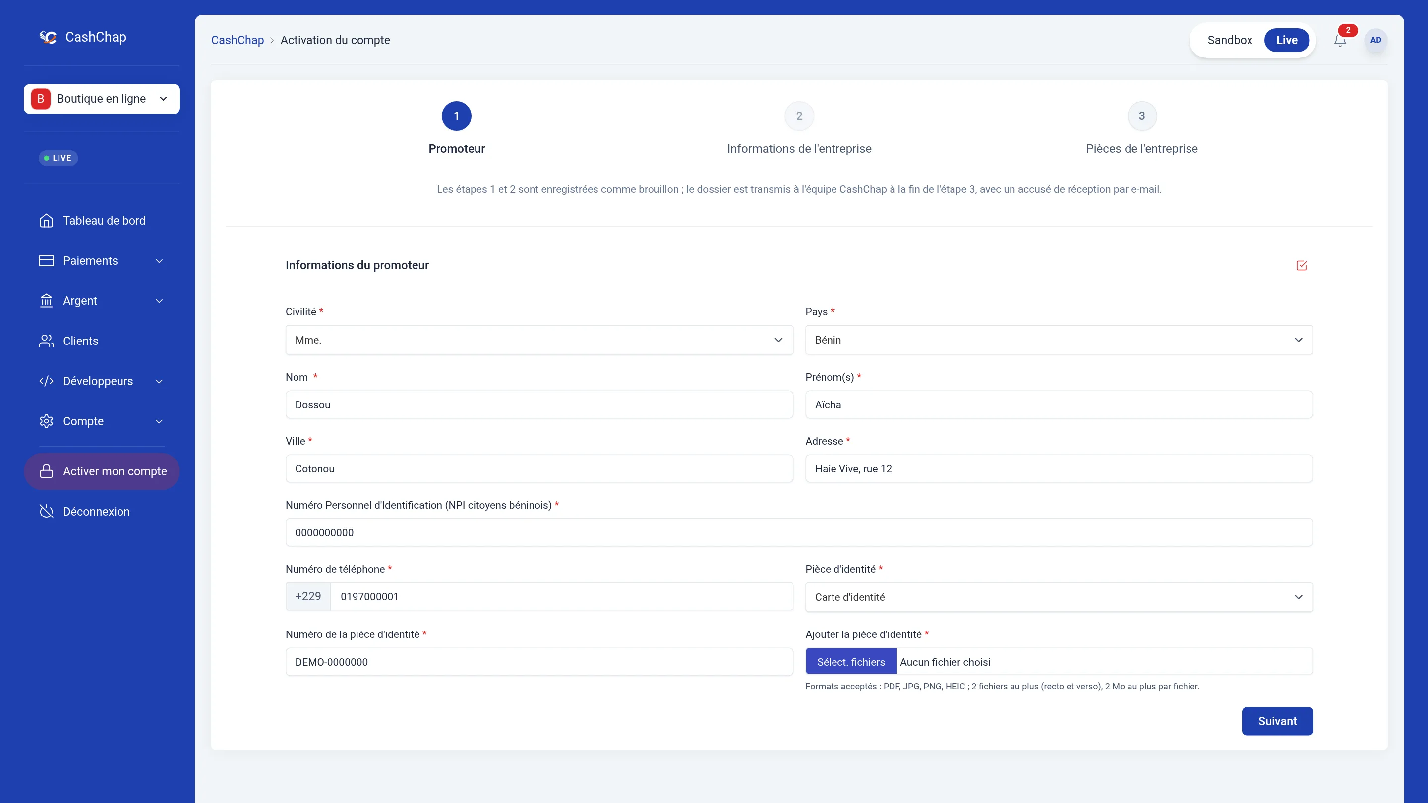 Page Activation du compte, avant la validation du dossier (entrée Activer mon compte en bas du menu) : trois étapes numérotées Promoteur, Informations de l'entreprise et Pièces de l'entreprise, rappel de l'enregistrement en brouillon, puis le bloc Informations du promoteur : Civilité, Pays, Nom, Prénom(s), Ville, Adresse, NPI, Numéro de téléphone (numéro national 0197000001 tapé à côté de l'indicatif +229), Pièce d'identité (Carte d'identité), numéro et fichier de la pièce, bouton Suivant.
