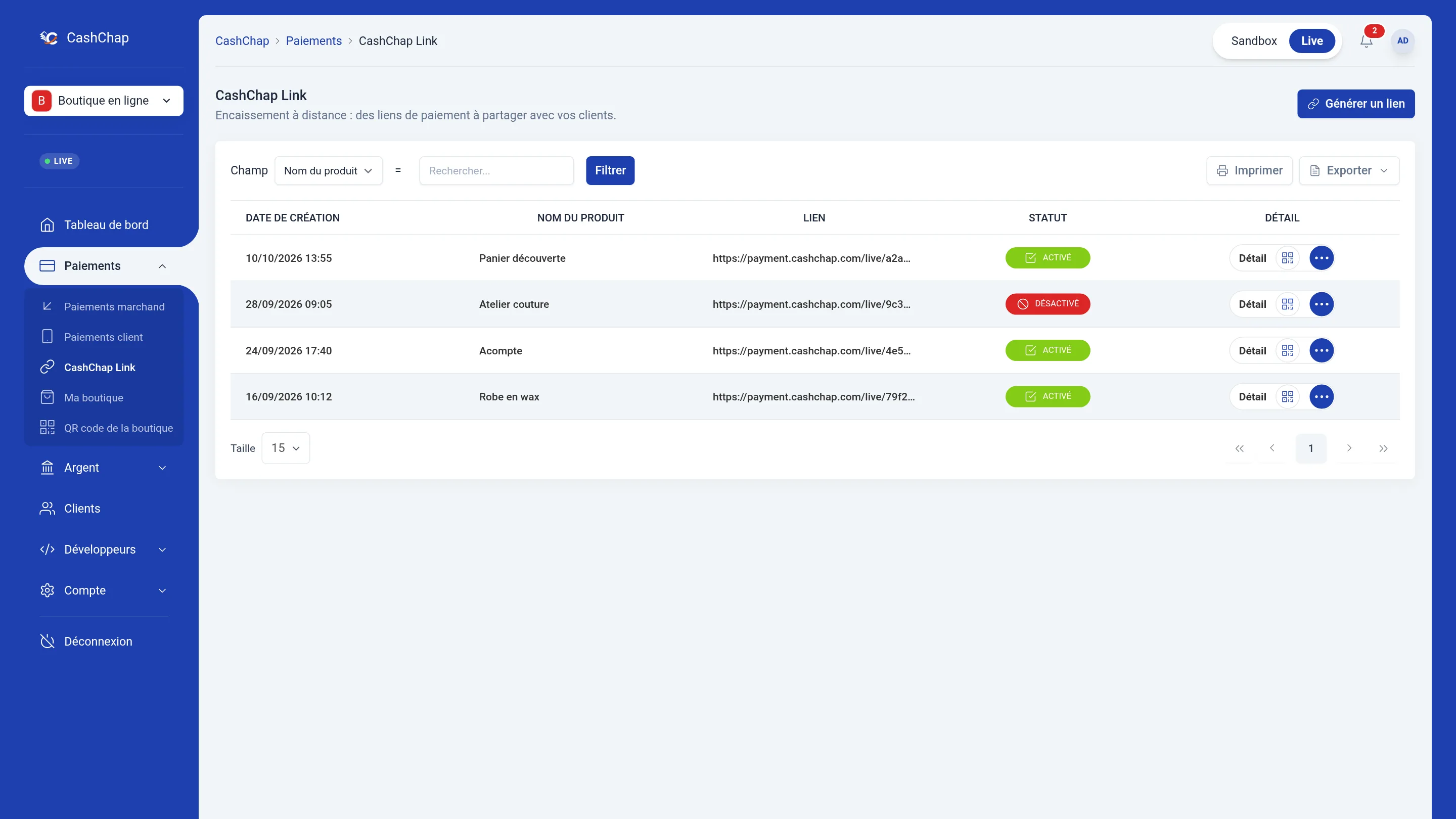 Portail, page Paiements › CashChap Link, sous-titre Encaissement à distance : bouton Générer un lien, filtre par champ, liste de quatre liens avec la date de création (10/10/2026 13:55, 28/09/2026 09:05, 24/09/2026 17:40, 16/09/2026 10:12), le nom du produit (Panier découverte, Atelier couture, Acompte, Robe en wax), l'adresse https://payment.cashchap.com/live/…, le statut ACTIVÉ ou DÉSACTIVÉ, puis le bouton Détail, le bouton QR code du lien et le menu d'actions.