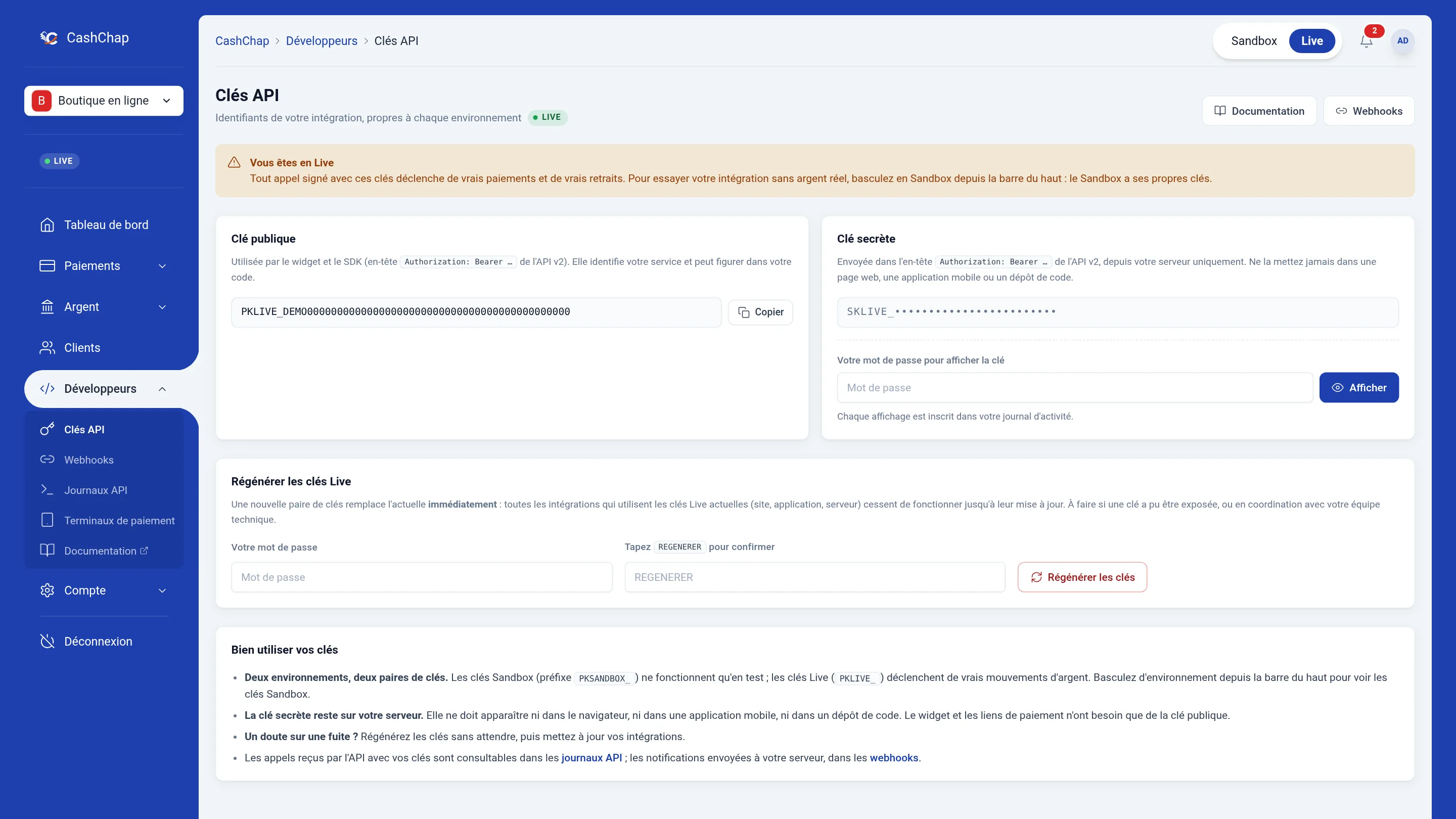 Page Développeurs › Clés API en Live : avertissement Vous êtes en Live, clé publique PKLIVE_DEMO factice avec le bouton Copier, clé secrète masquée SKLIVE_ avec le champ mot de passe et le bouton Afficher, bloc Régénérer les clés Live (mot de passe, saisie de REGENERER), puis le bloc Bien utiliser vos clés.