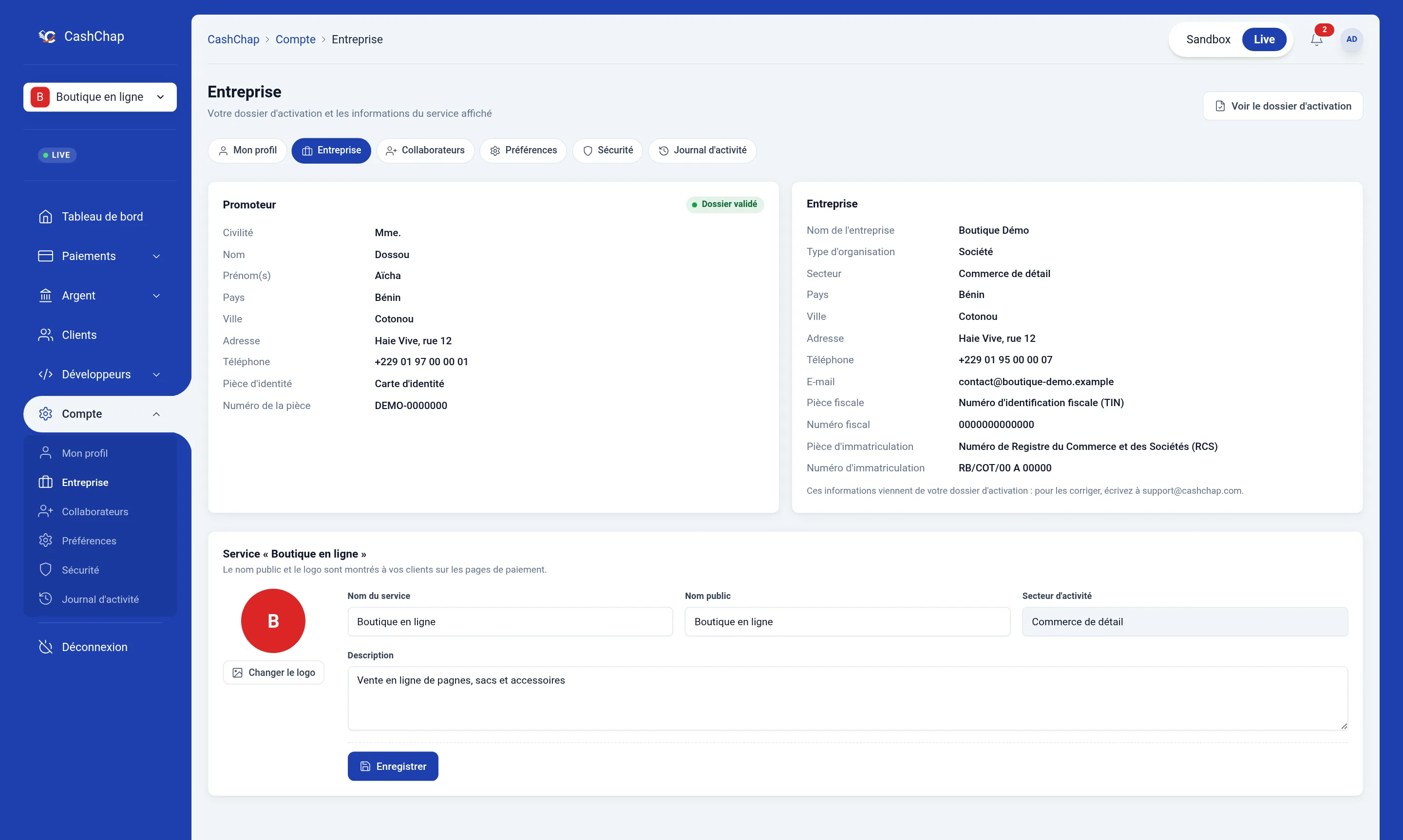 Page Compte, onglet Entreprise : bloc Promoteur avec le badge Dossier validé (civilité, nom, prénoms, pays Bénin, ville, adresse, téléphone +229 01 97 00 00 01, pièce Carte d'identité), bloc Entreprise (Boutique Démo, type d'organisation Société, secteur Commerce de détail, pays, ville, adresse, téléphone de l'entreprise +229 01 95 00 00 07, e-mail, pièces fiscale et d'immatriculation), puis le bloc Service « Boutique en ligne » avec la pastille B rouge du service (la même que dans le sélecteur du menu), le nom du service, le nom public, le secteur Commerce de détail et la description.