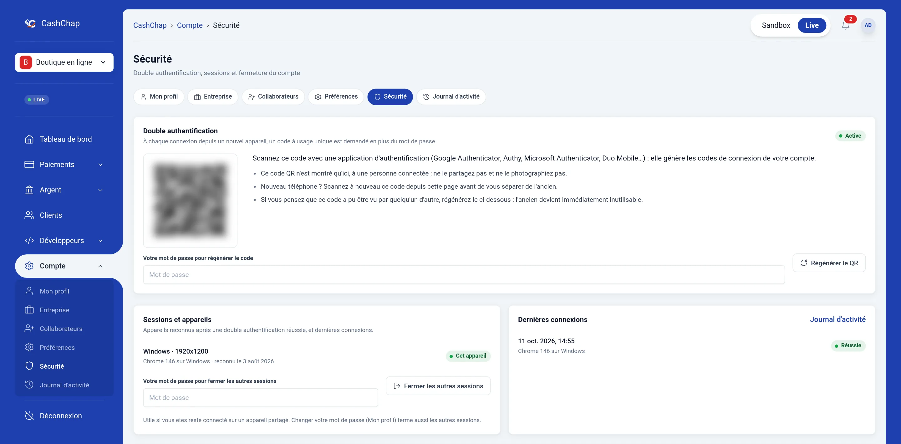 Page Compte, onglet Sécurité : bloc Double authentification marqué Active, avec le code QR (flouté sur la capture), les consignes, le champ mot de passe et le bouton Régénérer le QR, puis les blocs Sessions et appareils (appareil Windows, « Chrome 146 sur Windows », Cet appareil, bouton Fermer les autres sessions) et Dernières connexions.