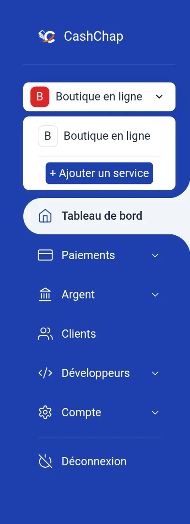 Menu latéral du portail avec le sélecteur de service ouvert : le service Boutique en ligne et le bouton + Ajouter un service, puis les sections du menu.