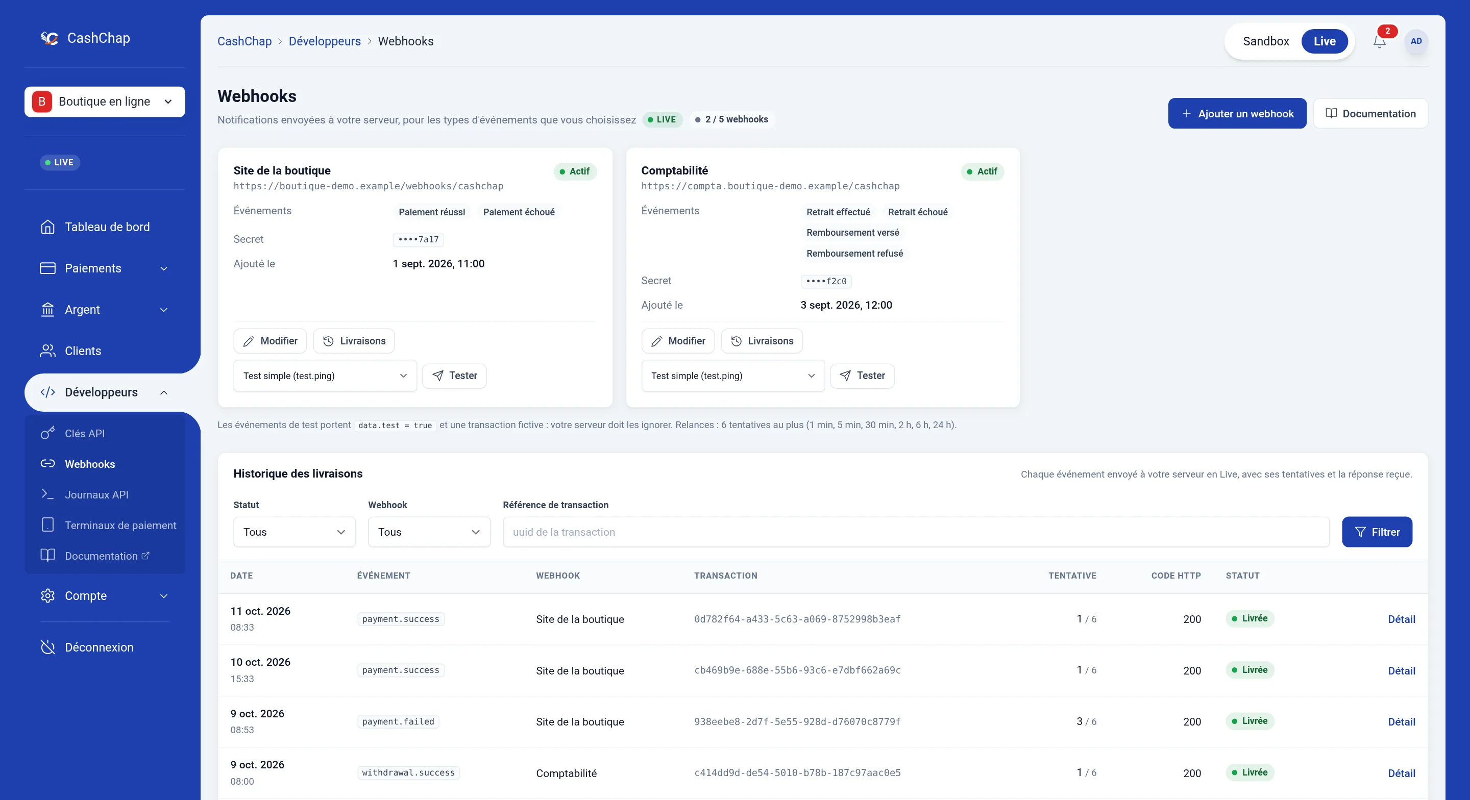 Page Développeurs › Webhooks en Live : compteur 2 / 5 webhooks, boutons Ajouter un webhook et Documentation, deux cartes de webhook, Site de la boutique (https://boutique-demo.example/webhooks/cashchap, Paiement réussi, Paiement échoué) et Comptabilité (https://compta.boutique-demo.example/cashchap, Retrait effectué, Retrait échoué, Remboursement versé, Remboursement refusé), avec l'état Actif, la fin du secret, la date d'ajout et les boutons Modifier, Livraisons, la liste des types de test et Tester ; le rappel des relances, puis le début de l'Historique des livraisons, coupé sous une ligne entière.