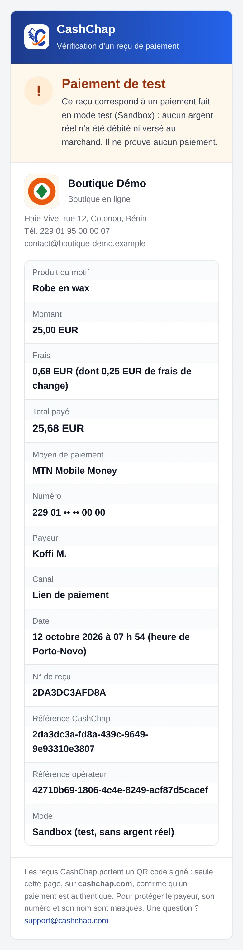 Page de vérification sur téléphone, paiement Sandbox d'un service réglé en euros : bandeau orange, titre Paiement de test et son message, logo BD, Boutique Démo, Boutique en ligne, coordonnées, puis Produit ou motif Robe en wax, Montant 25,00 EUR, Frais 0,68 EUR, dont change 0,25 EUR, Total payé 25,68 EUR, Moyen de paiement MTN Mobile Money, Numéro 229 01 •• •• 00 00, Payeur Koffi M., Canal Lien de paiement, Date 12 octobre 2026 à 06 h 46 (heure de Porto-Novo), N° de reçu, Référence CashChap, Référence opérateur, Mode Sandbox (test, sans argent réel).